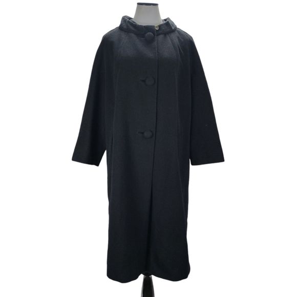 Vintage Black Wool Midi Coat Size XL Collared 3/4 Sleeve Union Made